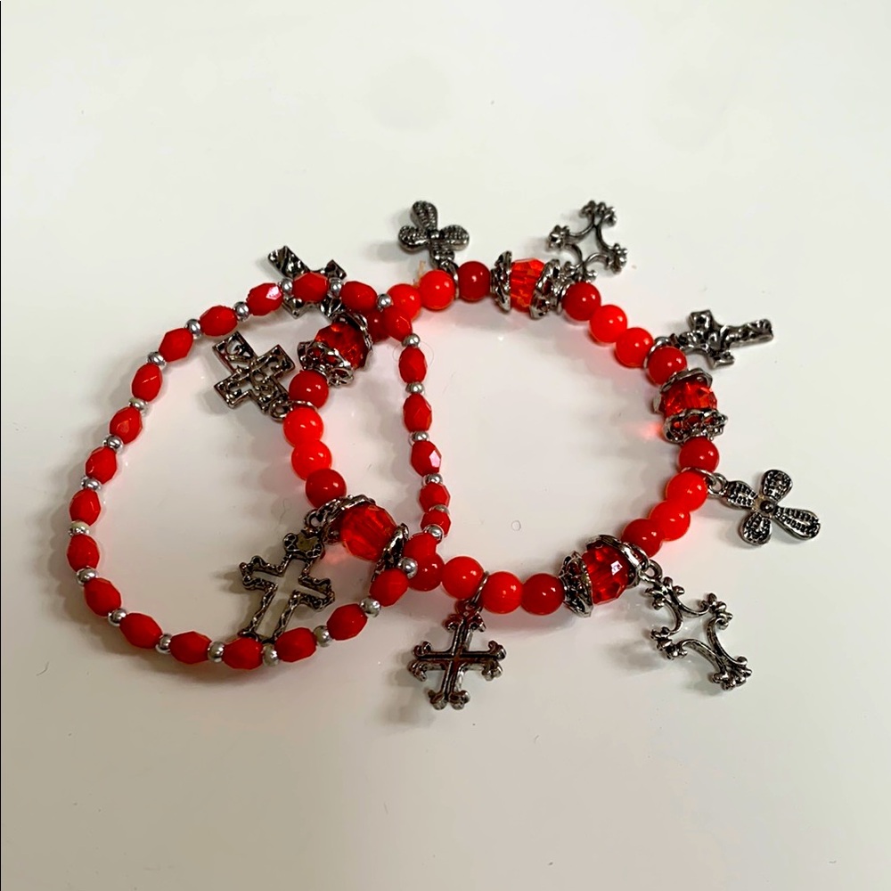 Red Beaded Bracelet Set with Cross Charms
